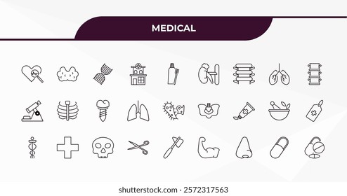 fully editable outline icon collection from medical concept. thin line icons set such as medical heart scan, thyroid gland, breath control, pill, drugs,