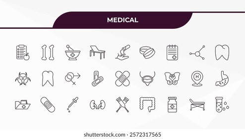 fully editable outline icon collection from medical concept. thin line icons set such as nutrionist, femur, molecular configuration, hospital bed side view, blood analysis,