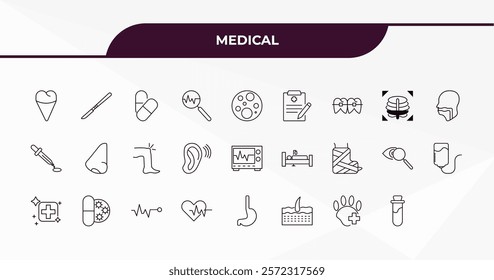 fully editable outline icon collection from medical concept. thin line icons set such as premolar, scalpel, x ray of bones,  , blood sample,