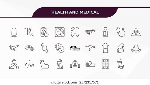 fully editable outline icon collection from health and medical concept. thin line icons set such as emergency, saline, phonendoscope, medical strip, fast food,