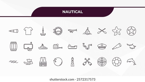 fully editable outline icon collection from nautical concept. thin line icons set such as boat telescope, vest, pipe, lifesaver, submarine,