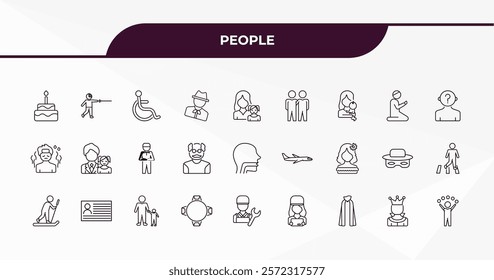 fully editable outline icon collection from people concept. thin line icons set such as birth, fencing attack, salat, empress, juggling ball,