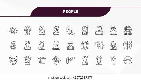 fully editable outline icon collection from people concept. thin line icons set such as grace, snuggle, muslim man, bast, seductive,