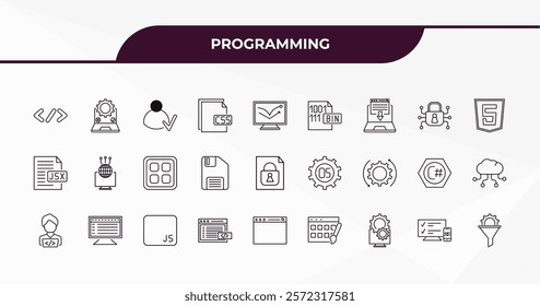 fully editable outline icon collection from programming concept. thin line icons set such as coding, testing, encryption, adaptive layout, seo funnel,