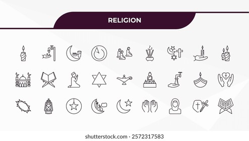 fully editable outline icon collection from religion concept. thin line icons set such as candle, islamic wudu, vigil, crusade, quran rehal,