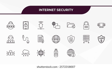 fully editable outline icon collection from internet security concept. thin line icons set such as password, mobile phone security, domain, pendrive security, connection error,