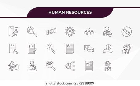 fully editable outline icon collection from human resources concept. thin line icons set such as exit interview,  , curriculum vitae, job application, emotional intelligence,