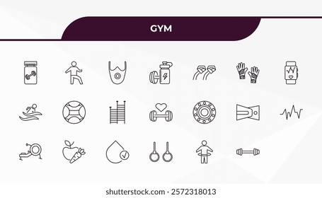 fully editable outline icon collection from gym concept. thin line icons set such as protein, stretching leg exercise, weight drive, stick man hoop, dumbbells bar,