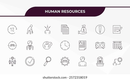 fully editable outline icon collection from human resources concept. thin line icons set such as 12 hours, pension, resume, boss, change management,