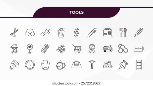 fully editable outline icon collection from tools concept. thin line icons set such as forceps, reading glasses, kitchen tools, school push pin, hanging ladder,