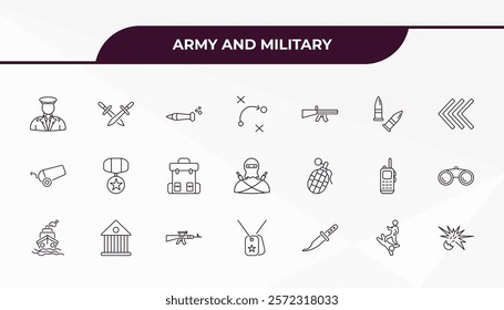fully editable outline icon collection from army and military concept. thin line icons set such as general, combat, whizbang with rong, assault, explosive,