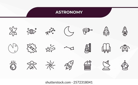 fully editable outline icon collection from astronomy concept. thin line icons set such as simulator, black hole, spaceport, radar pointing up, astranaut helmet,