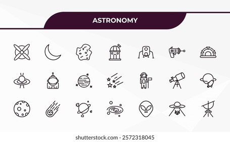 fully editable outline icon collection from astronomy concept. thin line icons set such as airscrew, crescent moon, astronaut and flag, ufo and cow, dioptra,