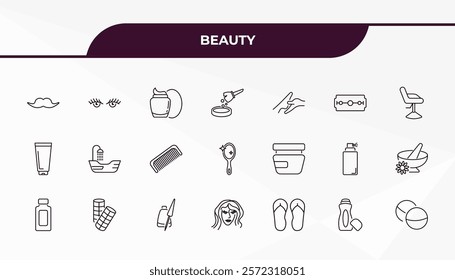 fully editable outline icon collection from beauty concept. thin line icons set such as big moustache, two eyelashes, men cream, deodorant, bath salts bomb,