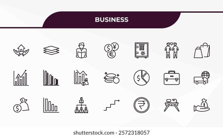 fully editable outline icon collection from business concept. thin line icons set such as home insurance, stack, pie chart with dollar, work table, purpose of saving money,