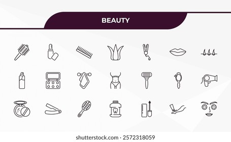 fully editable outline icon collection from beauty concept. thin line icons set such as hairbrush, inclined lipstick, razor, feet cream, cucumber slices on face,