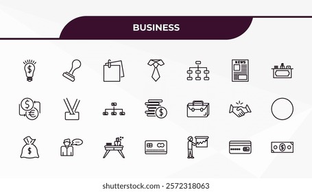 fully editable outline icon collection from business concept. thin line icons set such as ideas to earn money, rubber stamp, briefcase, bank card, dollar bills,