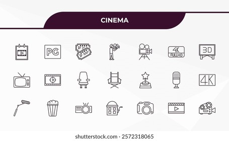 fully editable outline icon collection from cinema concept. thin line icons set such as film poster, parental guidance, star movie award, cinema flapper, old projector,