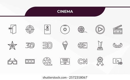 fully editable outline icon collection from cinema concept. thin line icons set such as cinema exit, film counter, film reel playing, award, hd video,