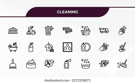 fully editable outline icon collection from cleaning concept. thin line icons set such as scrub brush, cleaning tools, dish soap, washing dishes, broom cleanin,