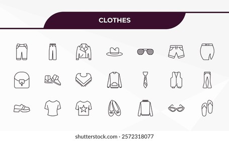 fully editable outline icon collection from clothes concept. thin line icons set such as chino shorts, boyfriend low jean, tie, cat eye glasses, sandals,