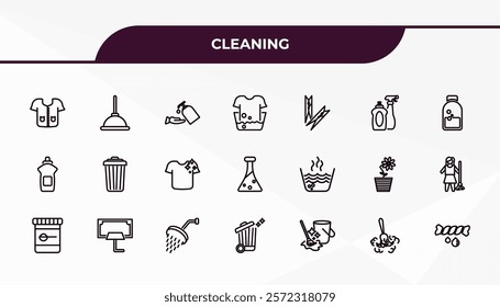 fully editable outline icon collection from cleaning concept. thin line icons set such as cleaner uniform, plunger, hot water, duster, squeeze,