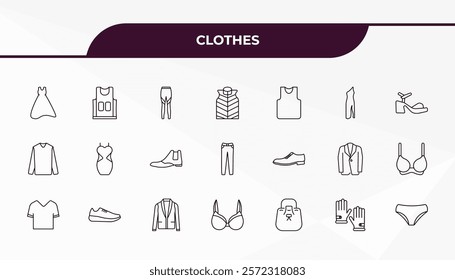 fully editable outline icon collection from clothes concept. thin line icons set such as long sleeveless dress, basketball jersey, leather derby shoe, leather gloves, panties,