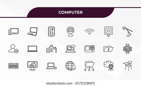 fully editable outline icon collection from computer concept. thin line icons set such as workstation, open laptop on, action camera, cloud network, school desk,
