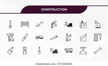 fully editable outline icon collection from construction concept. thin line icons set such as inclined shovel, road stopper, man painting, stopcock, spanner,