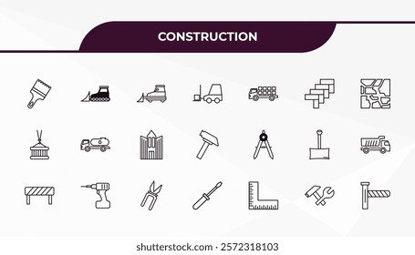 fully editable outline icon collection from construction concept. thin line icons set such as sand brush, bulldozer, drawing compass, constructions, road barrier,