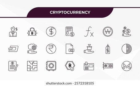 fully editable outline icon collection from cryptocurrency concept. thin line icons set such as economist, bitcoin encryption, donation, vga card,  ,