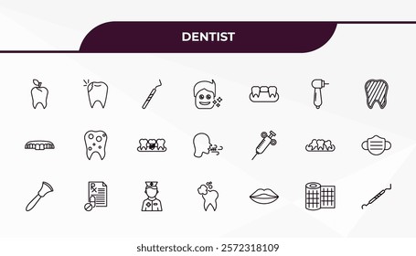 fully editable outline icon collection from dentist concept. thin line icons set such as dentist, cavity, dental needle, gauze, periodontal scaler,