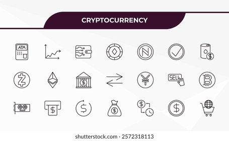 fully editable outline icon collection from cryptocurrency concept. thin line icons set such as atm, stocks, yen, dollar, e-business,
