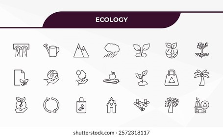 fully editable outline icon collection from ecology concept. thin line icons set such as dam, watering can, eco plant, tree with many leaves, recycling factory,