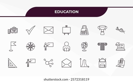 fully editable outline icon collection from education concept. thin line icons set such as educational platform, check mark, school globe, school bag, online test,