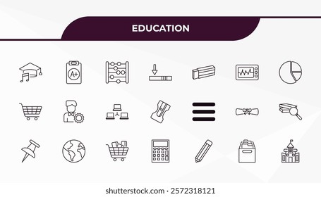 fully editable outline icon collection from education concept. thin line icons set such as graduation's music, clipboard with a+, bars, archives, old school,