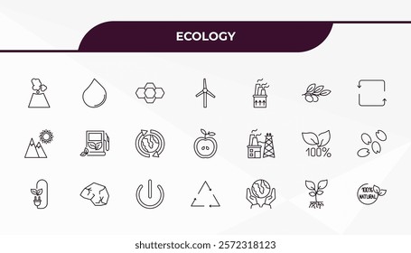 fully editable outline icon collection from ecology concept. thin line icons set such as geyser, oil drops, power plant, plant and root, 100 % natural badge,