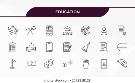 fully editable outline icon collection from education concept. thin line icons set such as favorite book, telescope, hand bell, digital display 60, semicircle with ruler,