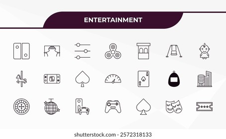 fully editable outline icon collection from entertainment concept. thin line icons set such as switch, curtain stage, ace of clubs, theater, gold ticket,