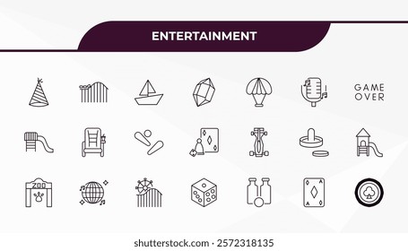 fully editable outline icon collection from entertainment concept. thin line icons set such as party hat, roller coaster, racing, diamond ace, poker chip,