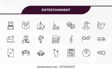 fully editable outline icon collection from entertainment concept. thin line icons set such as arcade, bowling pins, g clef, eight ball, token,