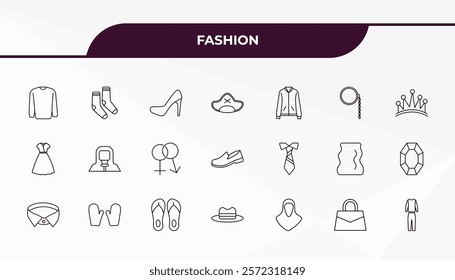 fully editable outline icon collection from fashion concept. thin line icons set such as sweater with pocket, pair of socks, stripped tie, handbag elegant de, men tracksuit,