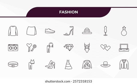 fully editable outline icon collection from fashion concept. thin line icons set such as long sleeves, short skirt, lingerine, cylinder hat, jacket with buttons,