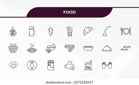 fully editable outline icon collection from food concept. thin line icons set such as hot chote, thermo flask, hotdog, stew, protection gloves,