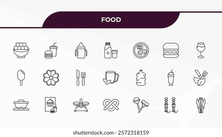 fully editable outline icon collection from food concept. thin line icons set such as fried tofu curd balls, junk food, water container, brochette, chives,