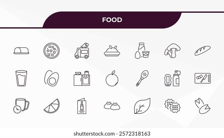 fully editable outline icon collection from food concept. thin line icons set such as marzipan, mapo tofu, slotted spoon, biscuits, pistachio,