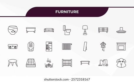 fully editable outline icon collection from furniture concept. thin line icons set such as fish bowl, bath, mirror, carpet sweeper, dog,