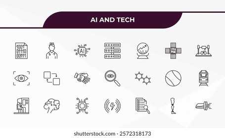 fully editable outline icon collection from ai and tech concept. thin line icons set such as binary, nurse, graphene, prosthesis, hyperloop,