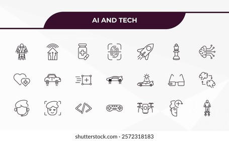 fully editable outline icon collection from ai and tech concept. thin line icons set such as exoskeleton, smart home, solar energy car, deformity, flyboard,