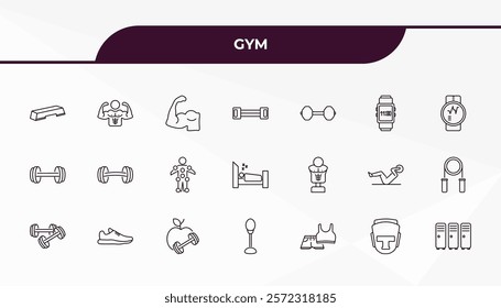 fully editable outline icon collection from gym concept. thin line icons set such as fitness step, bodybuilder, boxing mannequin, headgear, locker,